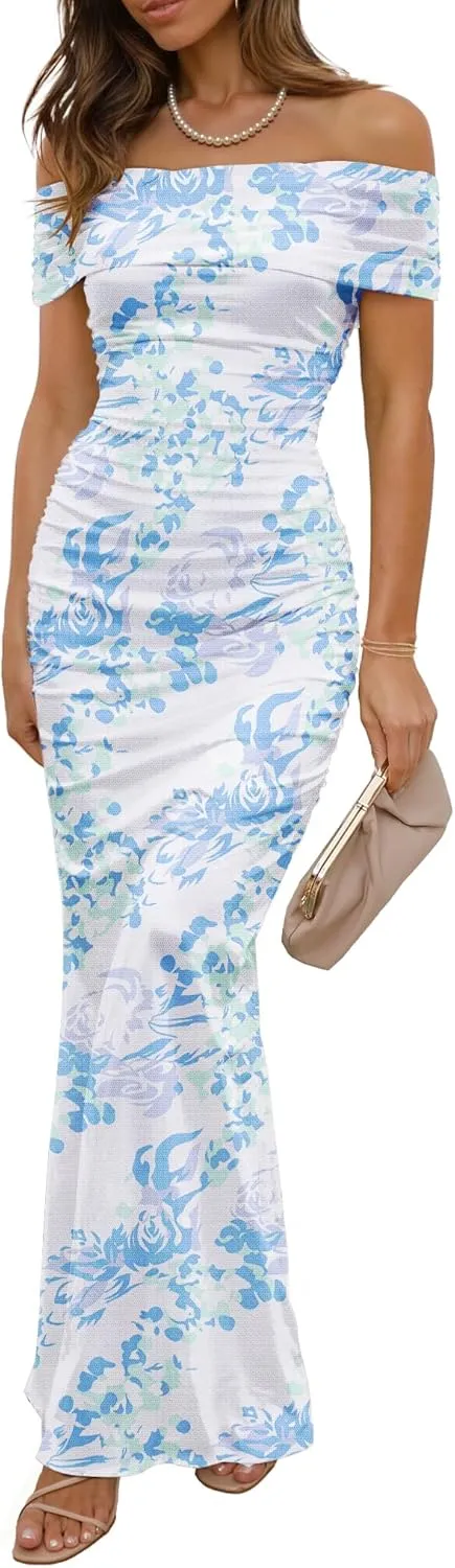 Women's Mesh Floral Maxi Dress 2025 Summer Off The Shoulder Ruched Bodycon Long Cocktail Party Fitted Dresses