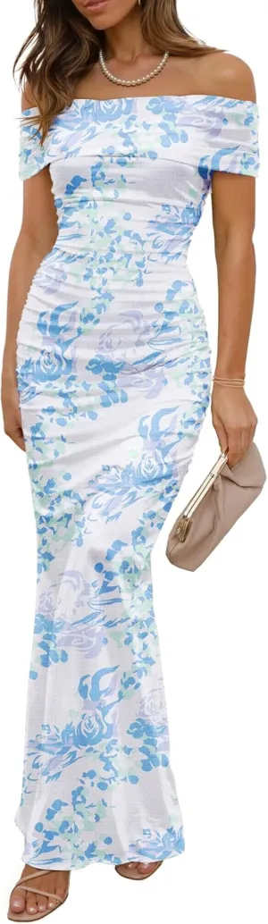 Women's Mesh Floral Maxi Dress 2025 Summer Off The Shoulder Ruched Bodycon Long Cocktail Party Fitted Dresses