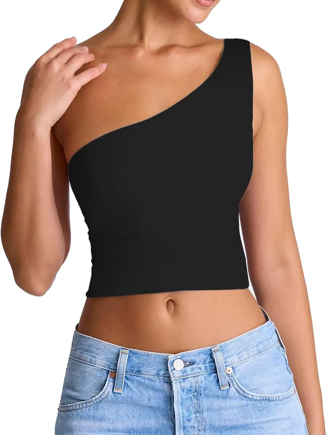 Women's Sexy One Shoulder Crop Tops Sleeveless Cropped Tank Tops Ruched Shirts