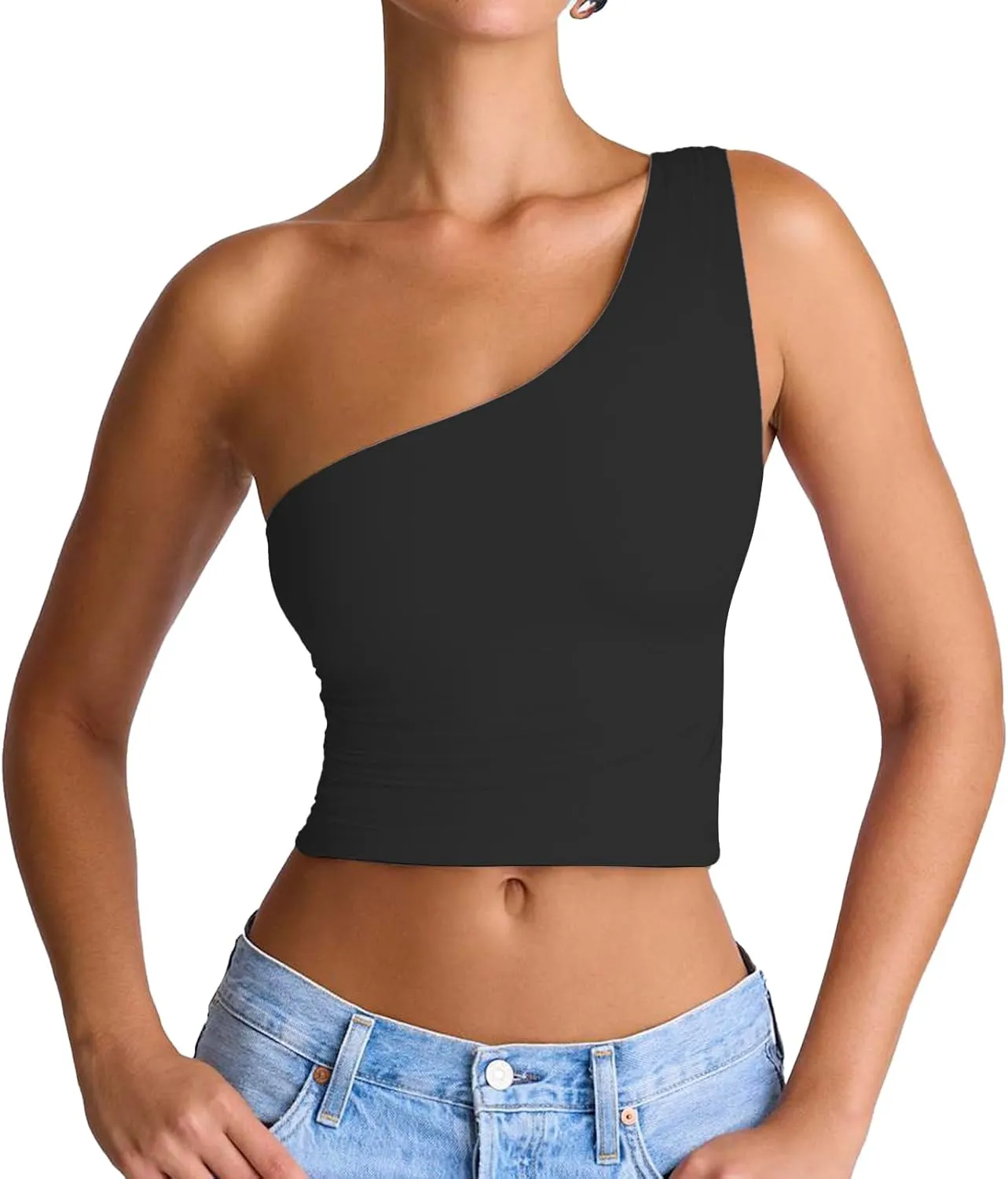 Women's Sexy One Shoulder Crop Tops Sleeveless Cropped Tank Tops Ruched Shirts
