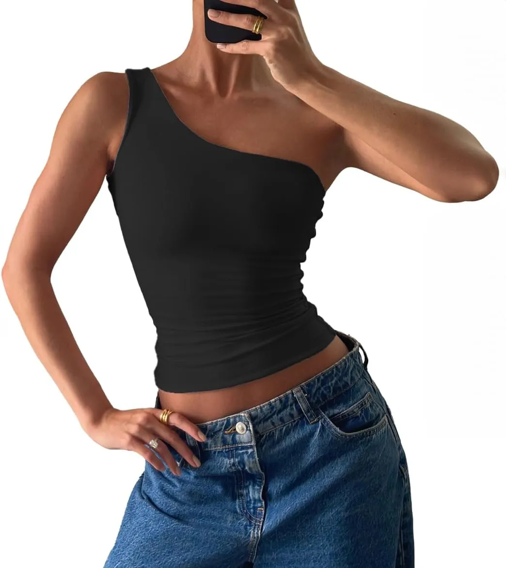 Women's Sexy One Shoulder Crop Tops Sleeveless Cropped Tank Tops Ruched Shirts