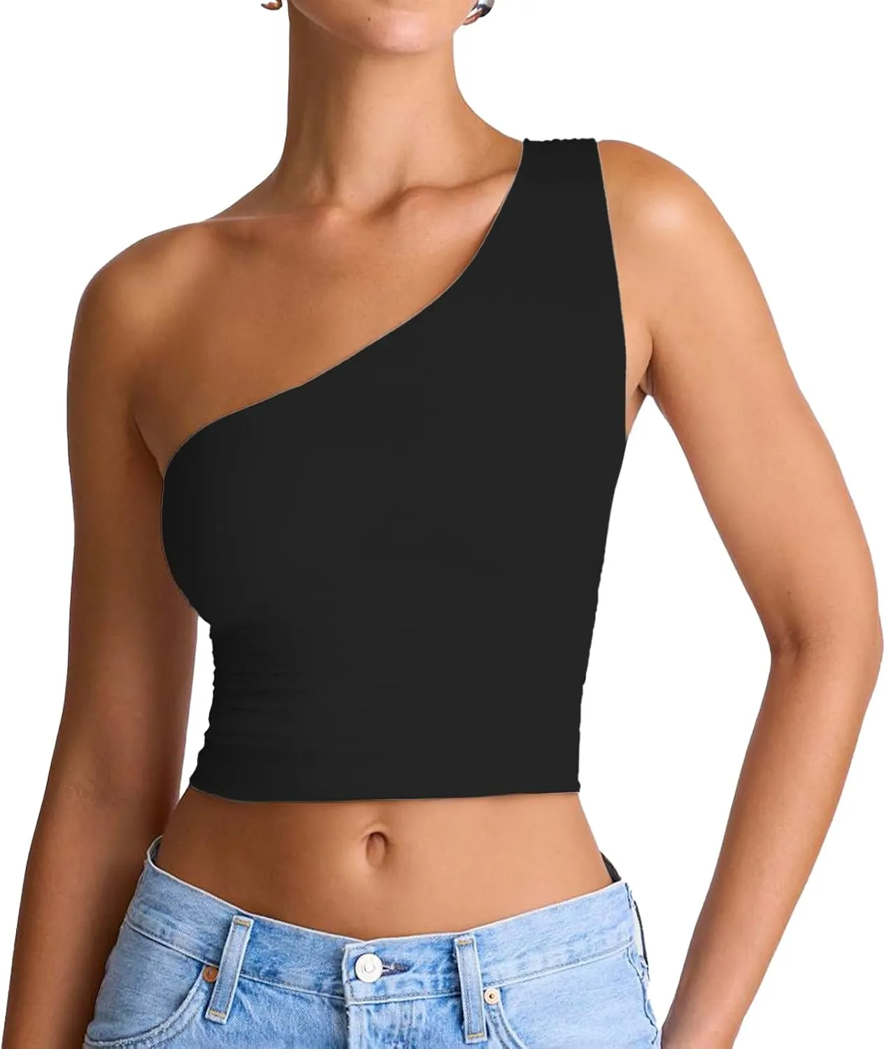 Women's Sexy One Shoulder Crop Tops Sleeveless Cropped Tank Tops Ruched Shirts