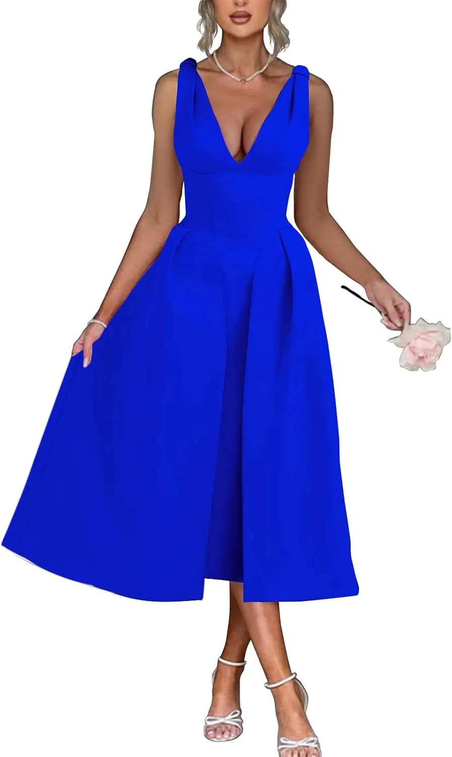 Womens Sleeveless Deep V Neck 1950s Retro Vintage Cocktail Wedding Guest Party A-Line Swing Maxi Dresses