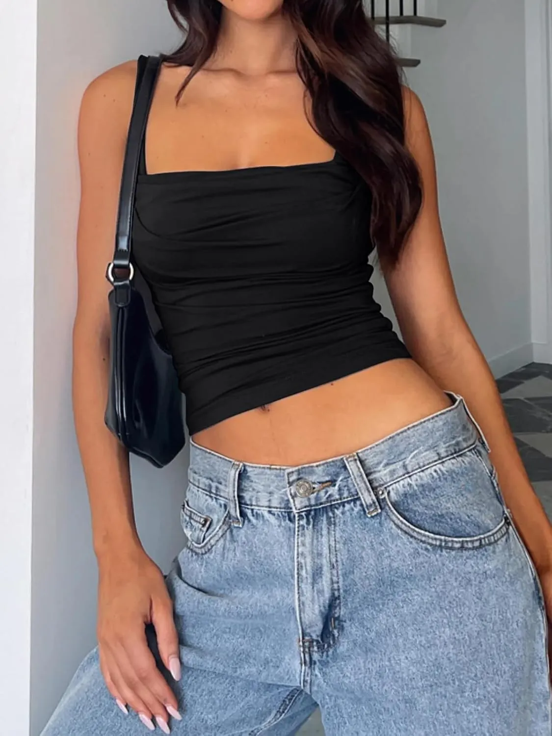 Women's Sleeveless Square Neck Tank Tops Strappy Ruched Going Out Top Backless Crop Tops