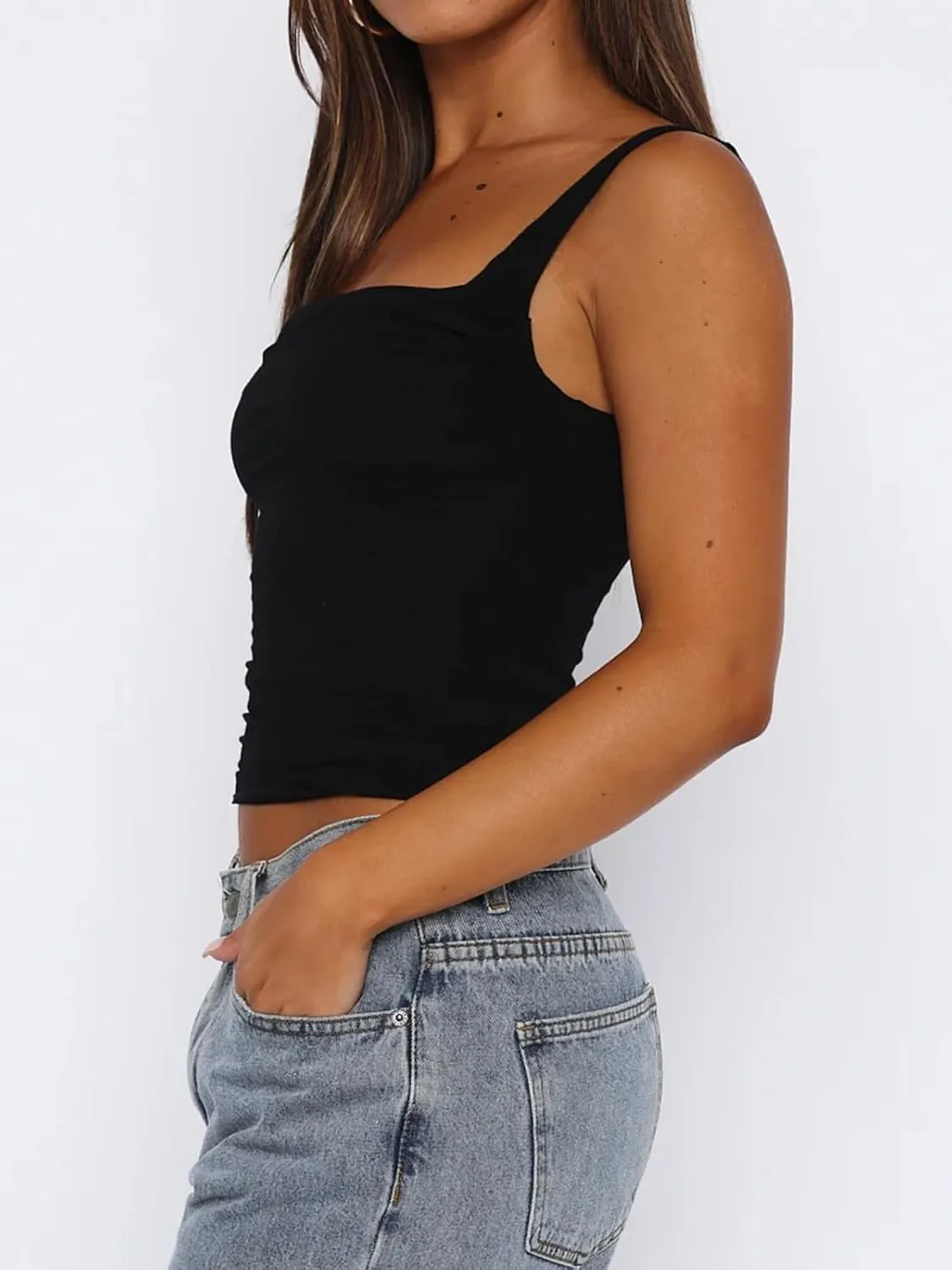 Women's Sleeveless Square Neck Tank Tops Strappy Ruched Going Out Top Backless Crop Tops