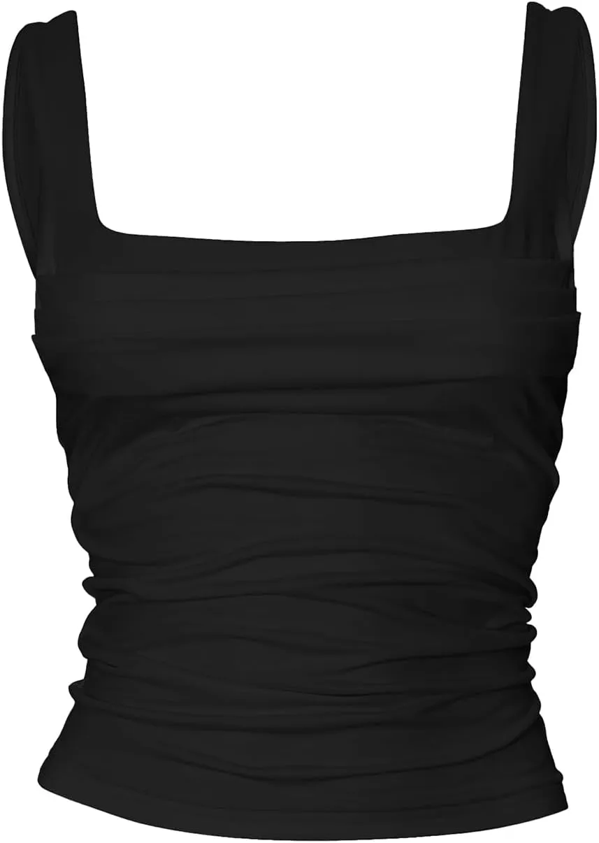 Women's Sleeveless Square Neck Tank Tops Strappy Ruched Going Out Top Backless Crop Tops