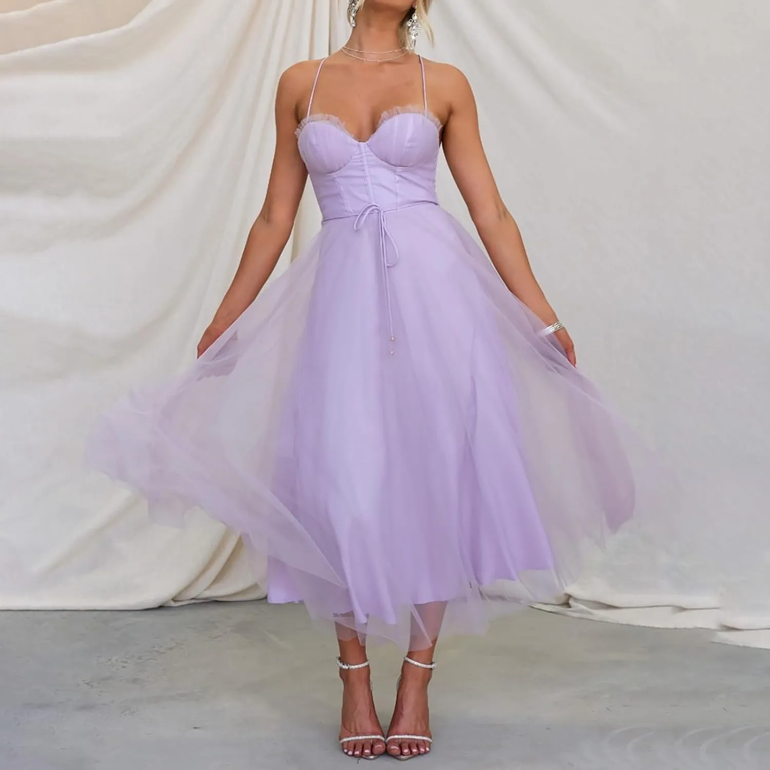 Womens Spaghetti Straps Tulle Prom Dress Tea Length Formal Party Evening Dress Flowy Wedding Guest Bridesmaid Dresses
