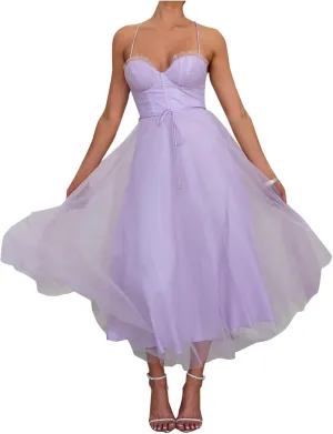 Womens Spaghetti Straps Tulle Prom Dress Tea Length Formal Party Evening Dress Flowy Wedding Guest Bridesmaid Dresses