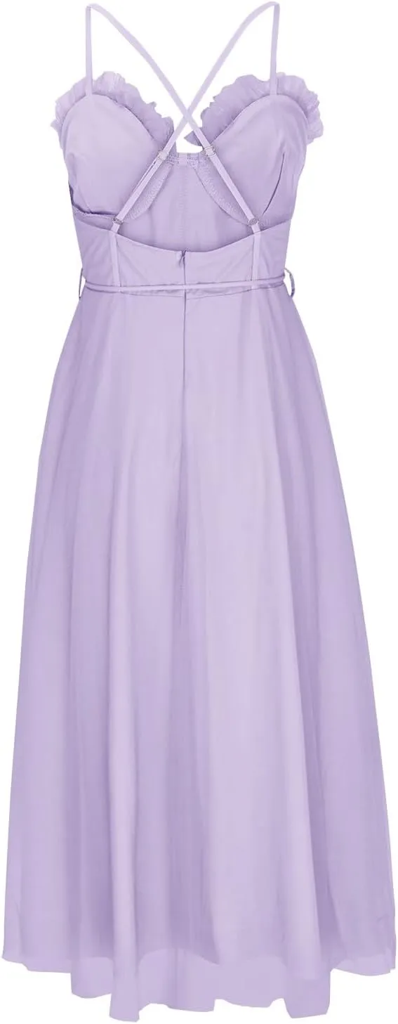 Womens Spaghetti Straps Tulle Prom Dress Tea Length Formal Party Evening Dress Flowy Wedding Guest Bridesmaid Dresses