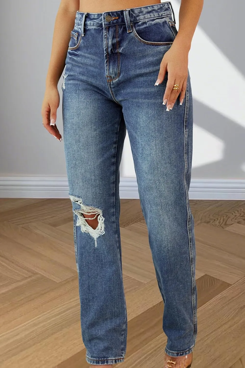 Women's Straight Leg High Waist Baggy Denim Jeans Loose Boyfriend Casual Stretchy Jeans