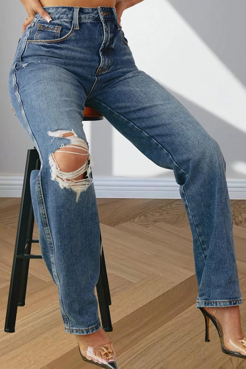 Women's Straight Leg High Waist Baggy Denim Jeans Loose Boyfriend Casual Stretchy Jeans