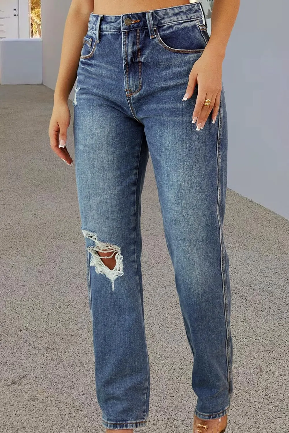 Women's Straight Leg High Waist Baggy Denim Jeans Loose Boyfriend Casual Stretchy Jeans