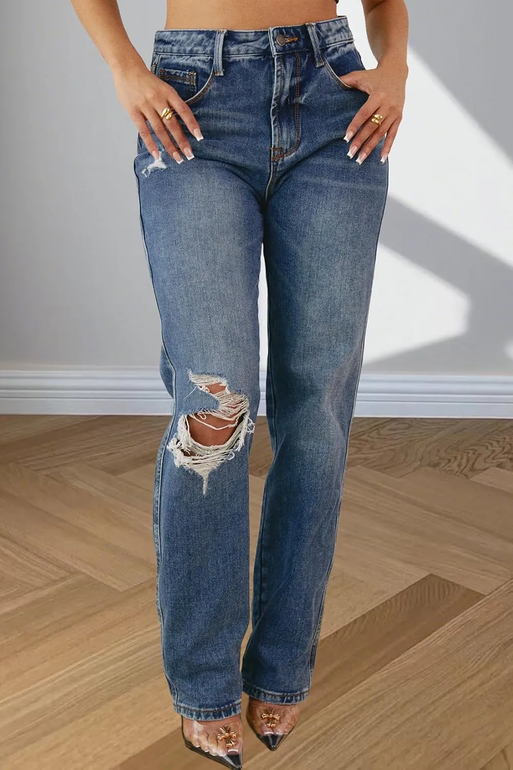Women's Straight Leg High Waist Baggy Denim Jeans Loose Boyfriend Casual Stretchy Jeans
