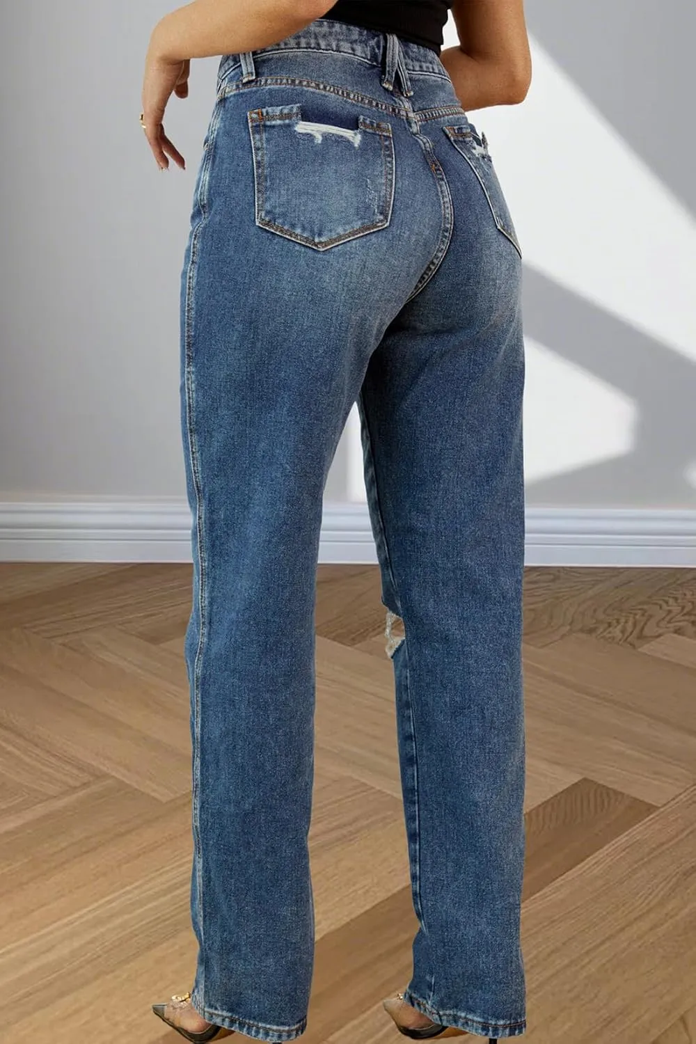 Women's Straight Leg High Waist Baggy Denim Jeans Loose Boyfriend Casual Stretchy Jeans