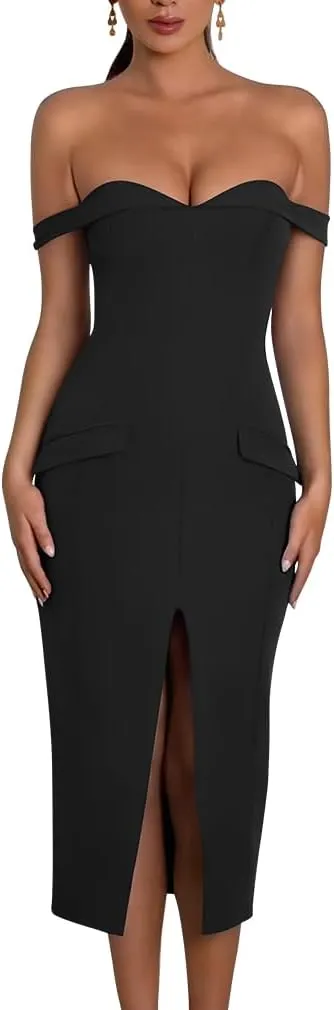 XXTAXN Women's Sexy Bodycon Off The Shoulder Cocktail Party Split Midi Dress