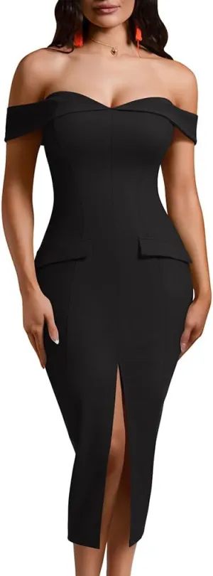 XXTAXN Women's Sexy Bodycon Off The Shoulder Cocktail Party Split Midi Dress