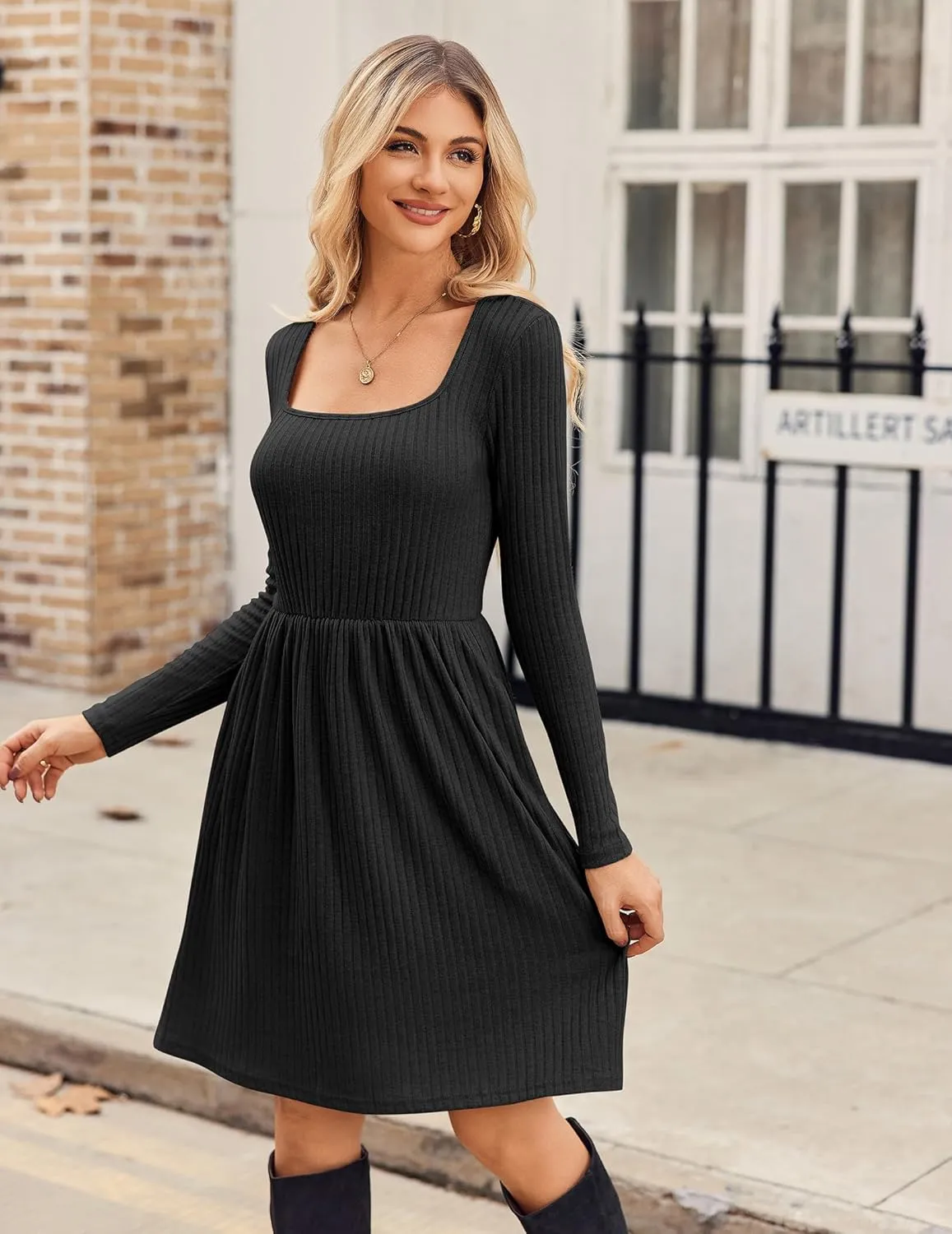 Zeagoo Womens Casual Sweater Dress Square Neck Knit Long Sleeve Dress with Pockets A-Line Knee Length Fall Winter Dress