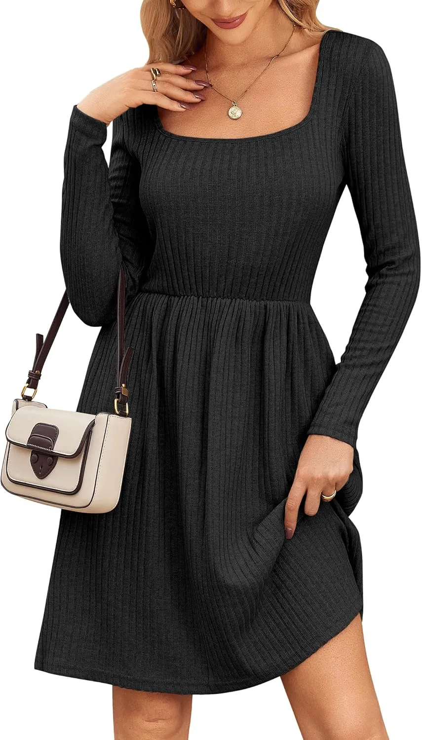 Zeagoo Womens Casual Sweater Dress Square Neck Knit Long Sleeve Dress with Pockets A-Line Knee Length Fall Winter Dress