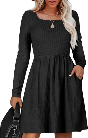 Zeagoo Womens Casual Sweater Dress Square Neck Knit Long Sleeve Dress with Pockets A-Line Knee Length Fall Winter Dress