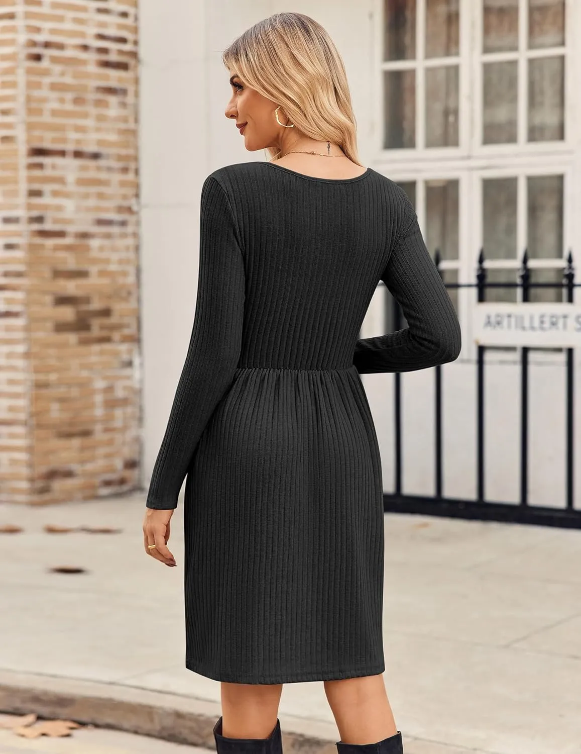 Zeagoo Womens Casual Sweater Dress Square Neck Knit Long Sleeve Dress with Pockets A-Line Knee Length Fall Winter Dress