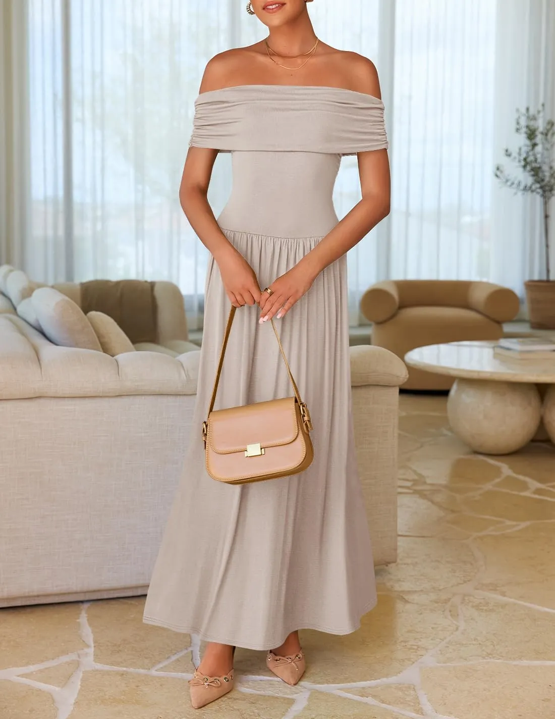 ZESICA Women's Off The Shoulder Maxi Dress 2025 Summer Sleeveless Casual Slim Swing Pleated Formal Party Dresses
