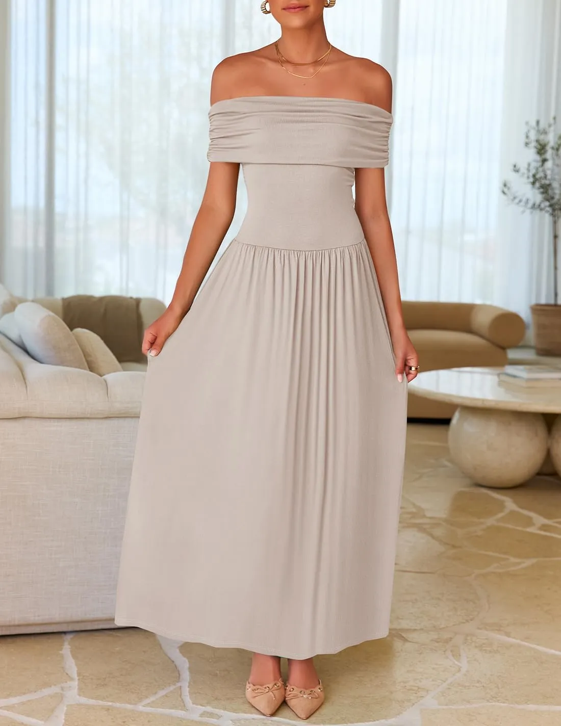 ZESICA Women's Off The Shoulder Maxi Dress 2025 Summer Sleeveless Casual Slim Swing Pleated Formal Party Dresses