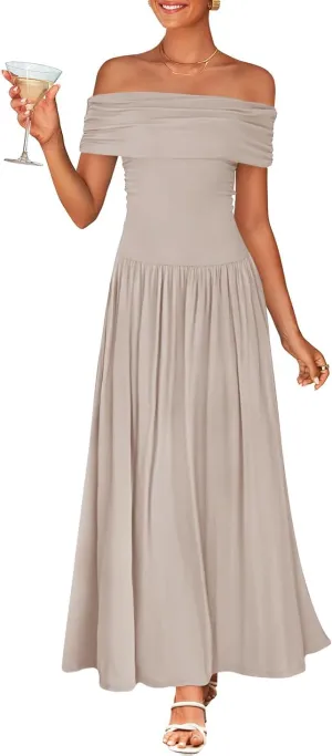 ZESICA Women's Off The Shoulder Maxi Dress 2025 Summer Sleeveless Casual Slim Swing Pleated Formal Party Dresses
