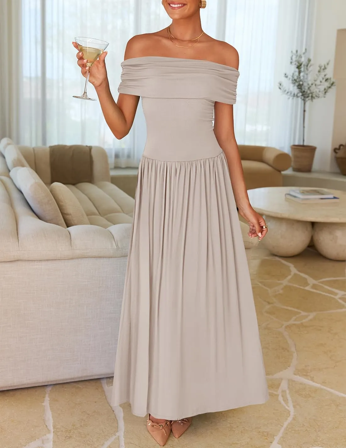 ZESICA Women's Off The Shoulder Maxi Dress 2025 Summer Sleeveless Casual Slim Swing Pleated Formal Party Dresses