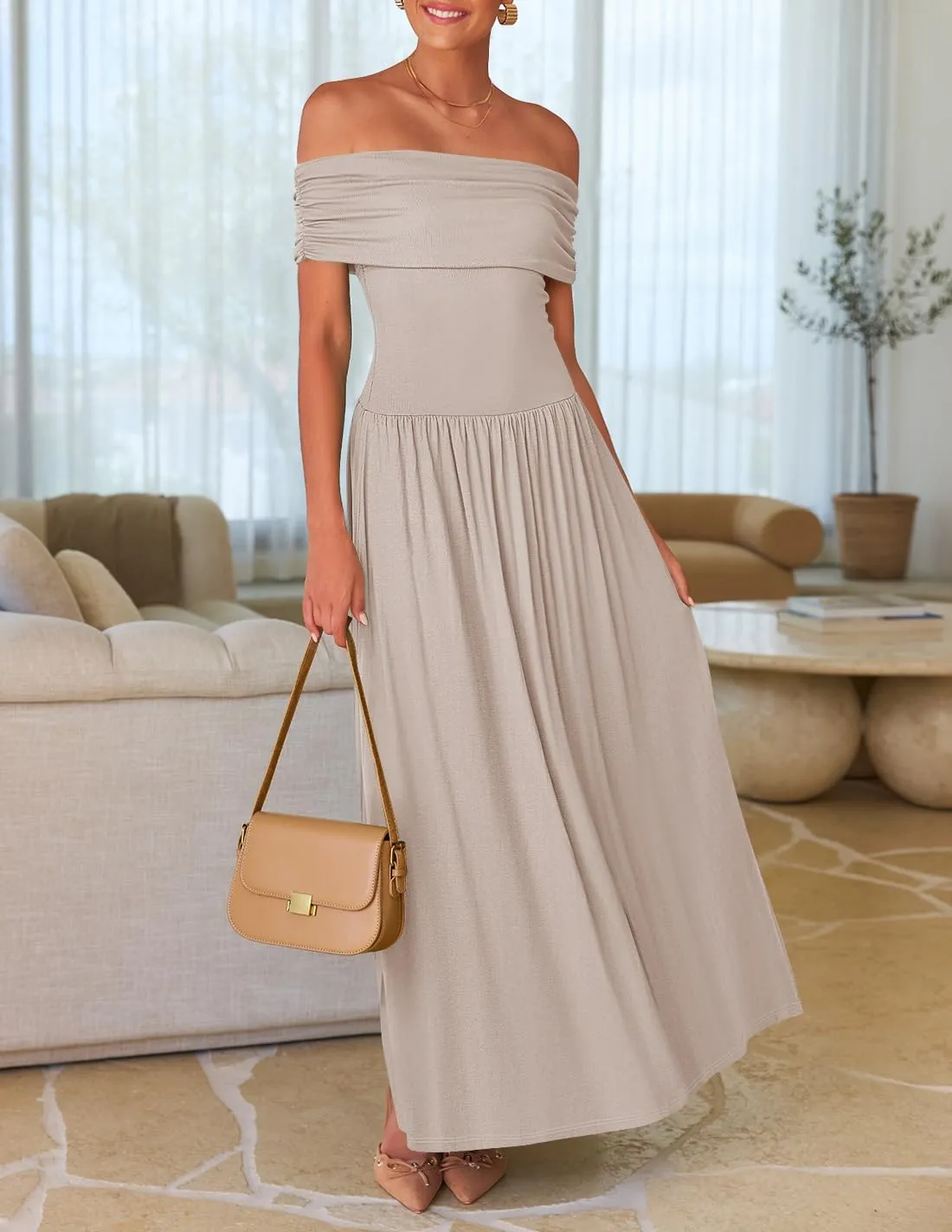 ZESICA Women's Off The Shoulder Maxi Dress 2025 Summer Sleeveless Casual Slim Swing Pleated Formal Party Dresses