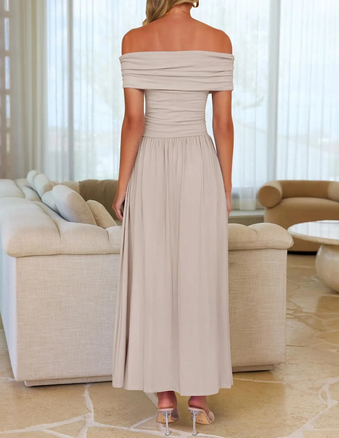 ZESICA Women's Off The Shoulder Maxi Dress 2025 Summer Sleeveless Casual Slim Swing Pleated Formal Party Dresses